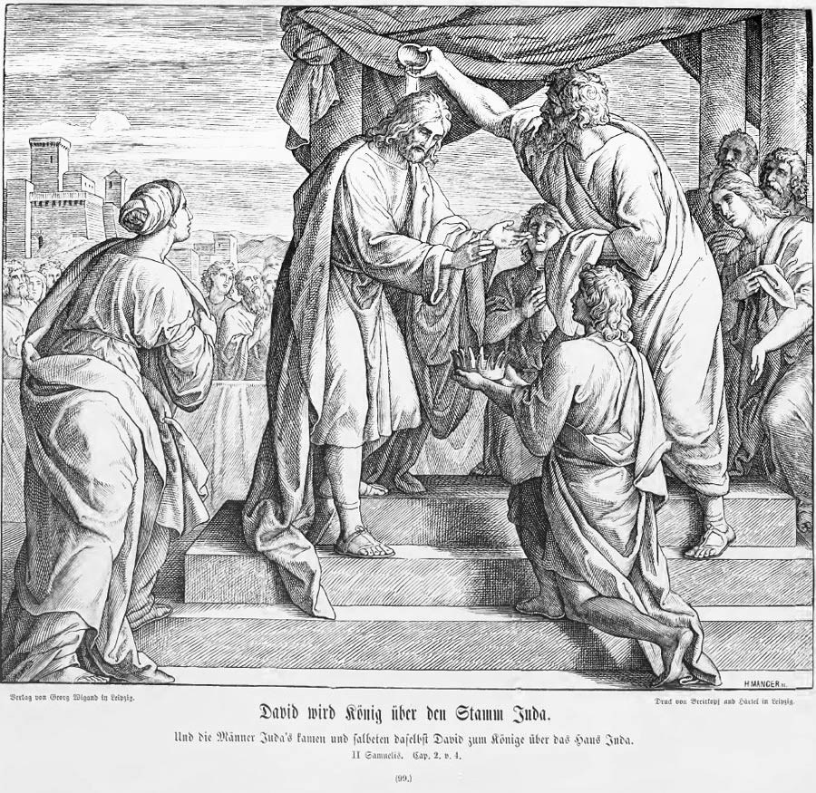 David wird zum König von Juda gekrönt. Die Szene ist hier vor einer städtischenPhantasiearchitektur dargestellt, die sicher nicht auf die Umstände des 2. vorchristlichen Jahrtausends zutrifft.
