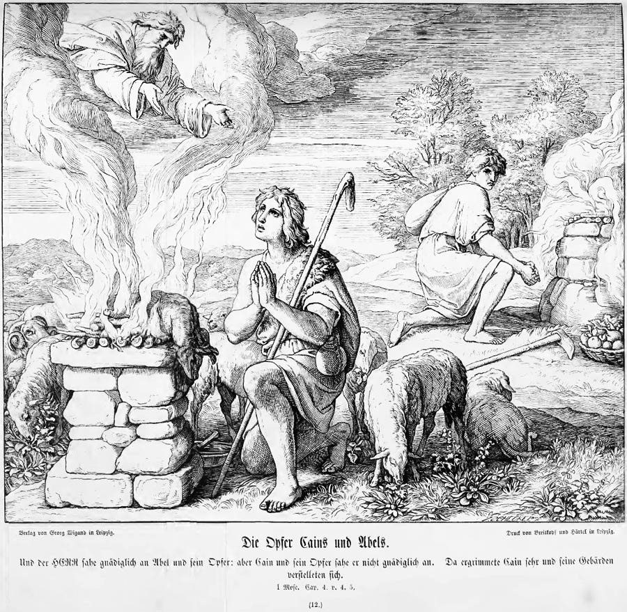 Das Bild zeigt die Brüder Abel und Kain jeweils vor ihren Altären mit den Opfergaben kniend. Das Opfer Abels findet Gnade, das Kains wird abgelehnt.