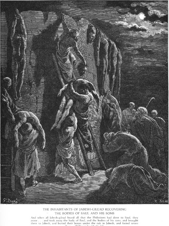 Das Bild zeigt die Israeliten, wie sie die Leichen ihrer Kämpfer bergen, die von den Siegreichen Feinden zur Abschreckung an der Stadtmauer aufgehängt worden waren