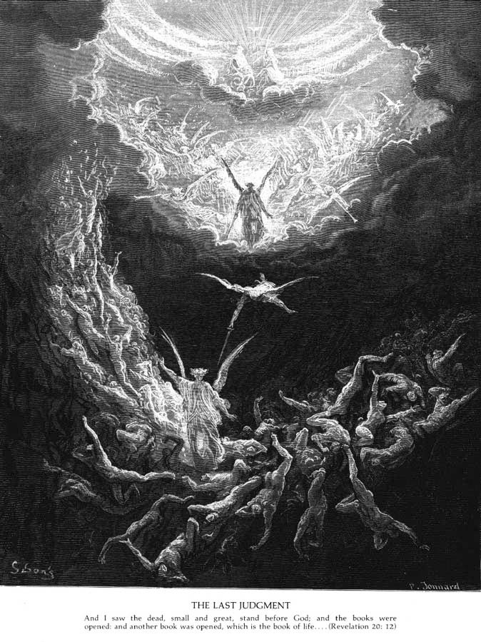 Das Bild zeigt eine dramatische Inszenierung des Weltengerichts entsprechend Vers 8 von Psalm VII: Der Herr richtet die Völker. Um dich stehe die Schar der Völker im Kreis - über ihnen throne Du in der Höhe.