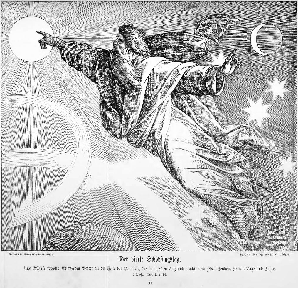 Sehr volkstümliche Darstellung Gotte Vaters, der in einem unstrukturierten Universum schwebt und mit den Gesten seiner Hände die Gestirne ins Leben ruft.