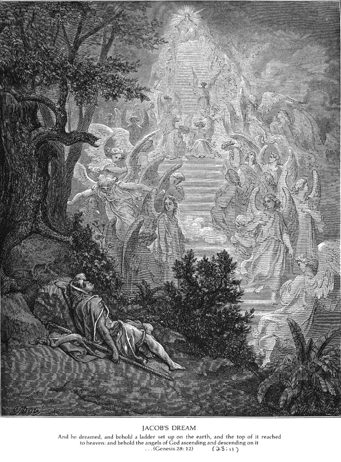 Das Bild zeigt den schlafenden Jakob und im Hintergrund den Inhalt seines Traumes: Die Bis zum Thron Gottes im Himmel reichende hier als Treppe dargestellte„Jakobsleiter“ mit den Engeln des himmlischen Hofstaates.