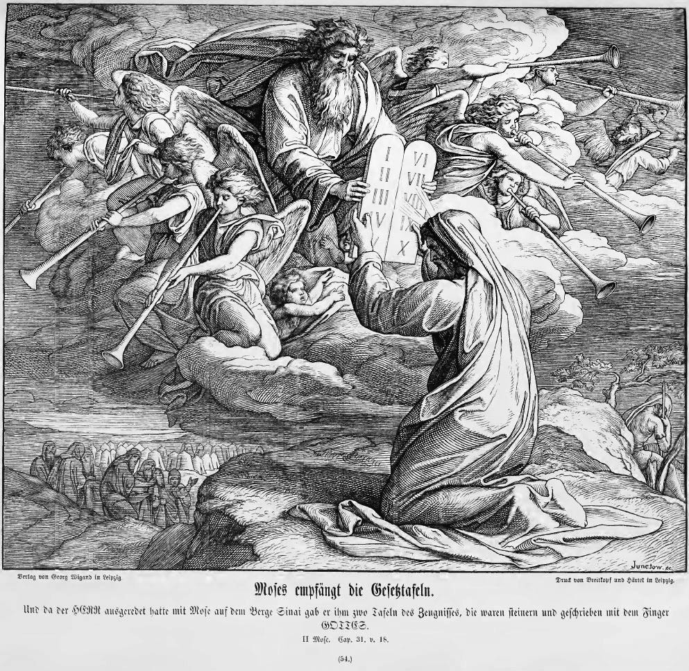 Der Herr übergibt vom Himmel Her dem Mose das Gesetz, während Engel mit Posaunen dem Volk und der ganzen Welt die gottgegebene Ordnung verkünden.
