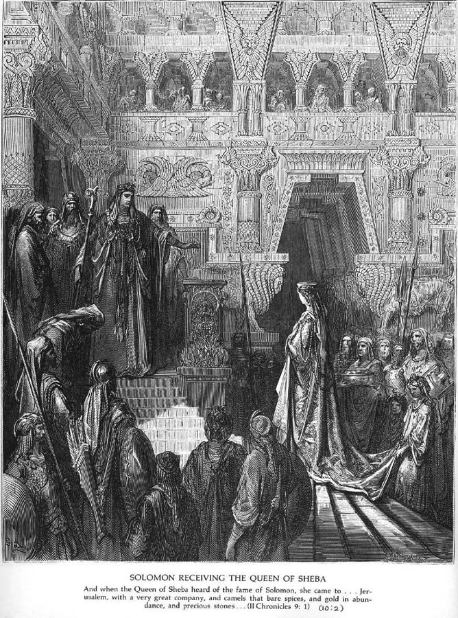 In seinem prächtigen Papalst empfängt König Salomo, von seinem Hofstaat umgeben, die Königin von Saba. Aus der Galerie schauen die Famen seines Harems zu.