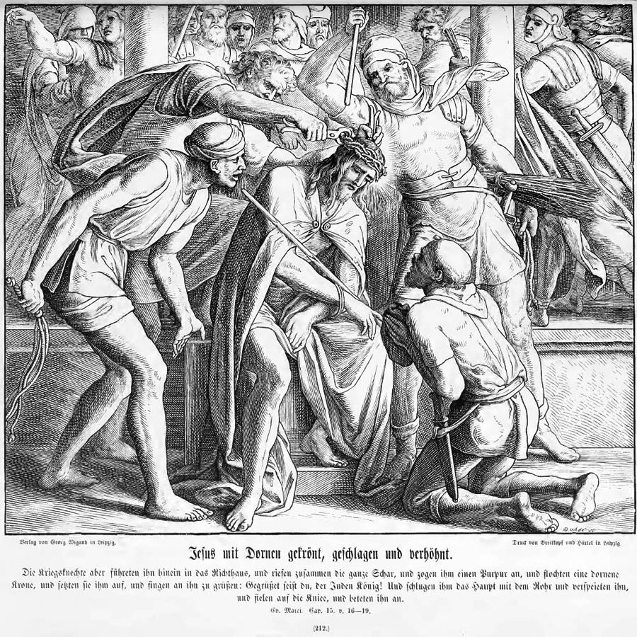 Der Holzschnitt der Bilderbibel zeigt die Szene der Dormnenkrönung und Verspottung Christi umgeben von den Henkersknechten.