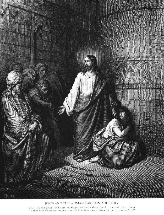 Der Stich aus der Bilderbibel zeigt den sich stolz vor dem Altar präsentierenden selbstgerechten Pharisäer und den niedergeschlagen hinten stehenden sündebewußten Zöllner.