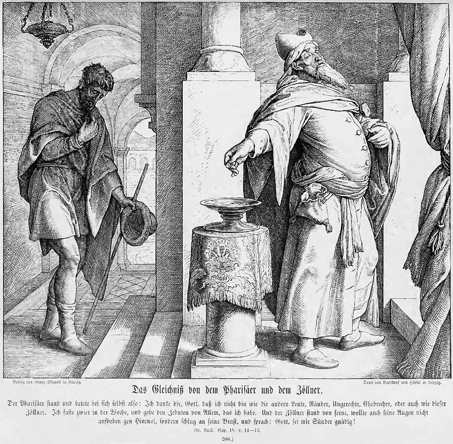 Der Stich aus der Bilderbibel zeigt den sich stolz vor dem Altar präsentierenden selbstgerechten Pharisäer und den niedergeschlagen hinten stehenden sündebewußten Zöllner.