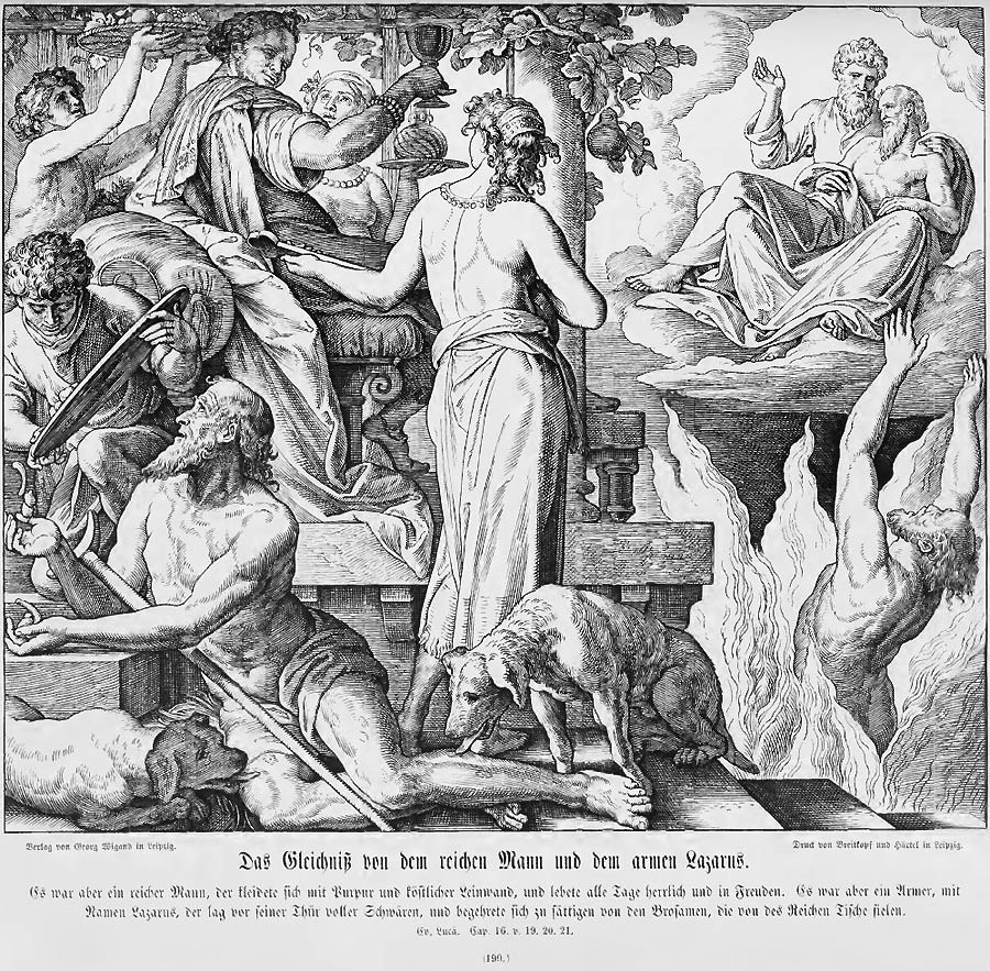 Die Illustration zeigt links den reichen Prasser beim Mahl und zu seinen Füßen den hungernden Lazarus. Rechts oben Lazarus in Abrahams Schoß und unten den Prasser in den Flammen der Hölle.