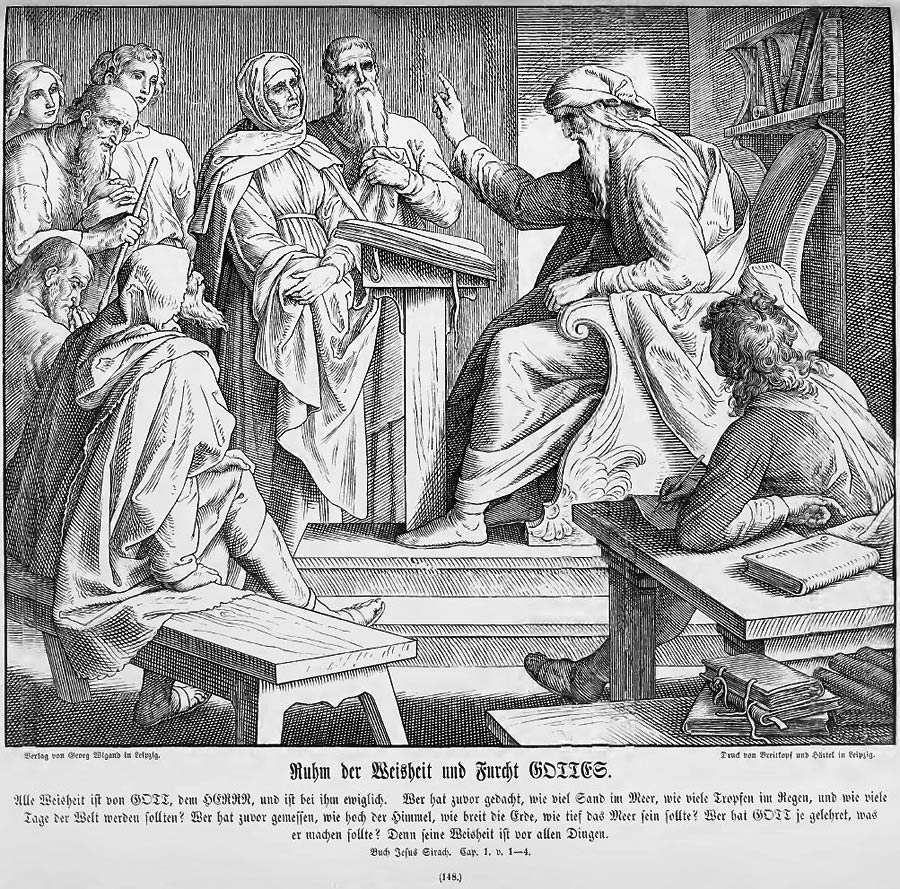 Das Bild zeigt einen Gelehrten, der den ihn umstehenden Frommen die Weisheit des Herrn verkündet. Nicht aus eigener Vollmacht, sondern aus dem vor ihm aufgeschlagenen Buch.