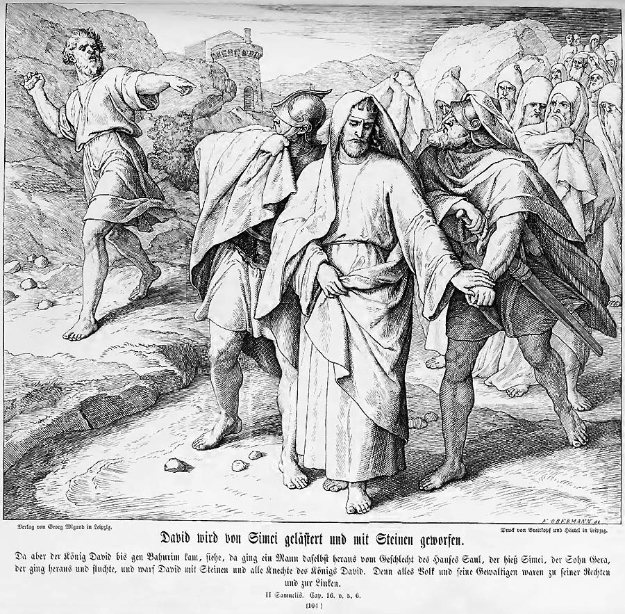 Im Vordergrund König David und sein Gefolge &ndash; am linken Bildrand Simei aus der Sippe Sauls, der den König beschimpft und mit Steinen bewirft.