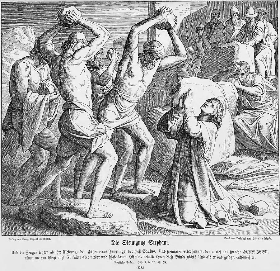 Im Vordergrund drei zornentbrannte „Fromme“, die den „Gotteslästerer“ Stephanus mit schweren Felsbrocken steinigen. Im Hintergrund ein ins Grübeln versunkener Saulus - erkennbar an den Kleidern der Steiniger zu seinen Füßen.