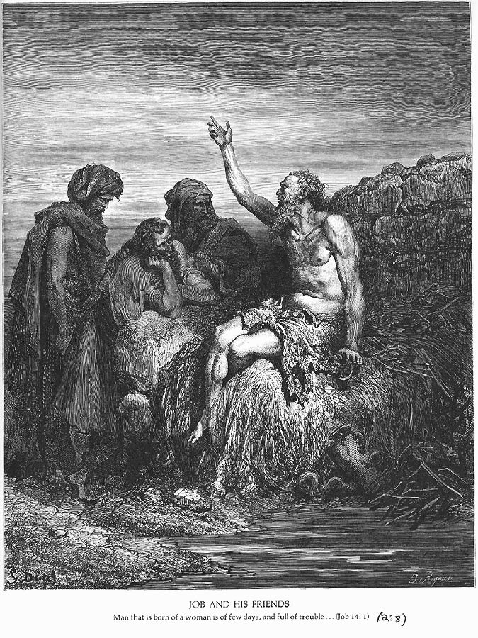 Der schwer geschlagene Hiob sitztauf einem Stein gegenüber dreien seiner dunkel dargestellten Freunde und bekennt sich auch im Elend zum Vertrauen in Gott.t