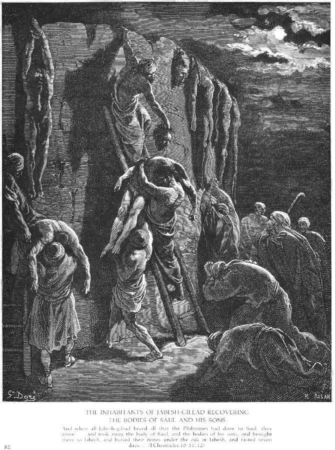 Das Bild zigt die Mauer, mit den dort augehängten grausam zugerichteten Leichen Sauls und seiner Söhne. Die erchütterten Sippenangehörigen beginnen mit der Bergung