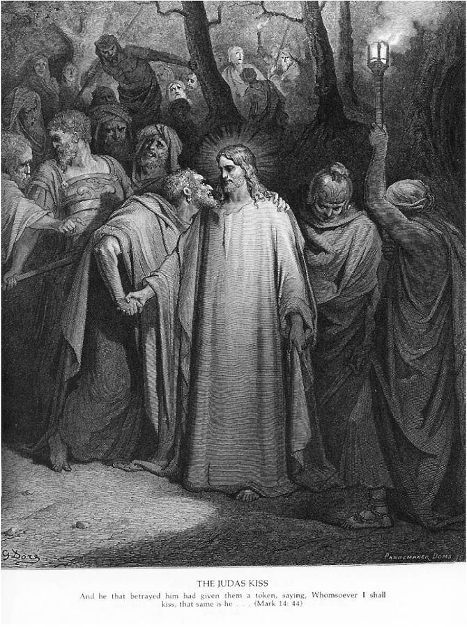 Im Vordergrund Christus, der von Judas geküsst wird. Im Hintergrund die Schar der Bewaffneten und der eine oder andere verängstigt fliehende Jünger.