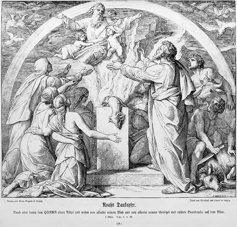 Das Bild aus der Bilderbibel zeigt Noahs Dankopfer, das von dem im Regenbogen thronenden Herrn gnädig angenommen wird.