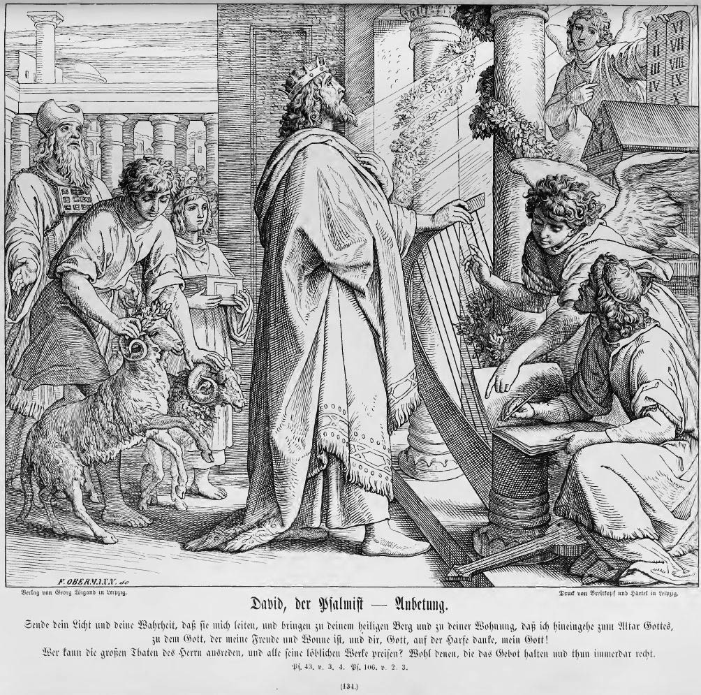 David als Psalmist ist die Hauptfigur, ihm zur Rechten ein Schreiber, der sein Lied aufzeichnet, zur Linken Diener mit Opfertieren und dahinter der Hohepriester.