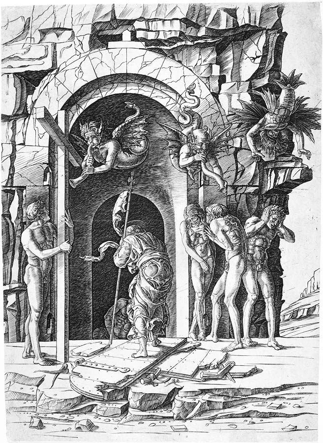 Das Tor zur Unterwelt wird von Dämonen bewacht. Christus mit dem Banner der Auferstehung hat es aufgestoßen und ruft die darin wartenden Gerechten des alten Bundes heraus. Links noch einmal das Siegeszeichen des Kreuzes, gehalten von einem Menschen, vielleicht dem guten Schächer. Rechts eine Gruppe von Unglücklichen - vielleicht haben sie gerade erkannt, daß sie in den Höllenschlund hinabsteigen müssen.