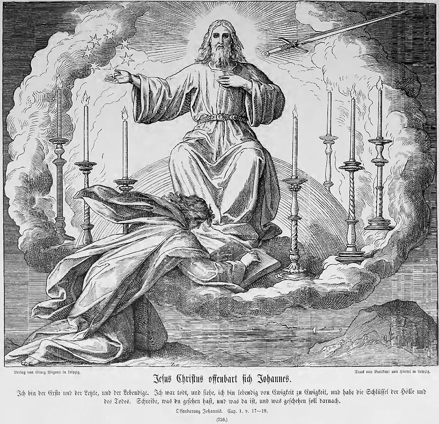 Christus in einer Mandorla von Wolken und umgeben von den 7-Leuchtern des Geistes offenbart sich Johannes als Weltenherr