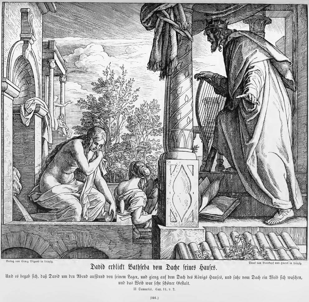 David, mit Krone und Harfe, steht auf dem Dach seines Palastes und erblickt die badende Batseba