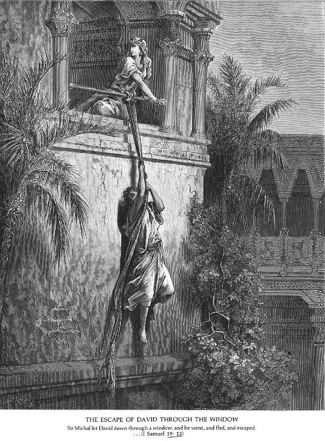 Mit Hilfe eines seiner Getreuen seilt sich der verfolgte David aus dem Fenster des Hauses ab, in dem er Zuflucht gefunden hatte.