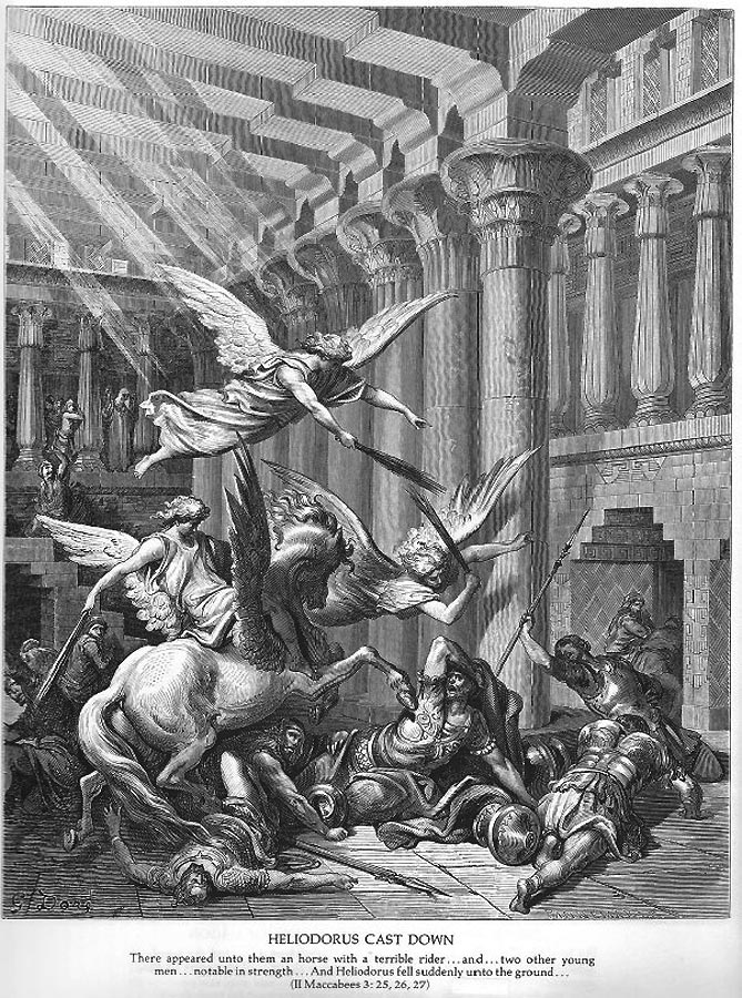 Drei Engel, davon einer auf einem geflügelten Pferde, schweben heran, um den Gotteslästerer Heliodor aus dem Tempel zu vertreiben