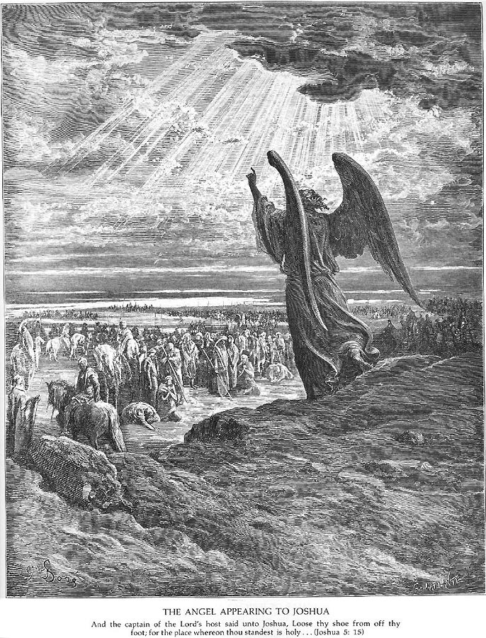 Ein gewaltiger Engel steht auf einem Felsen im Vordergrund; im Mittel- und Hintergrund die Mannen Josuas.