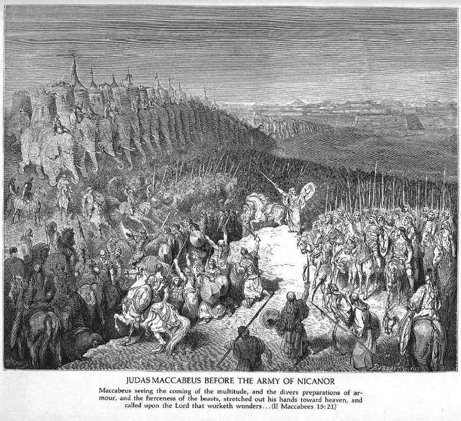 Das Bild aus der Doré-Bibel zeigt Judas Maccabäus und seine kleine Kriegerschar vor der gewaltigen Übermacht des feindlichen Heeres.