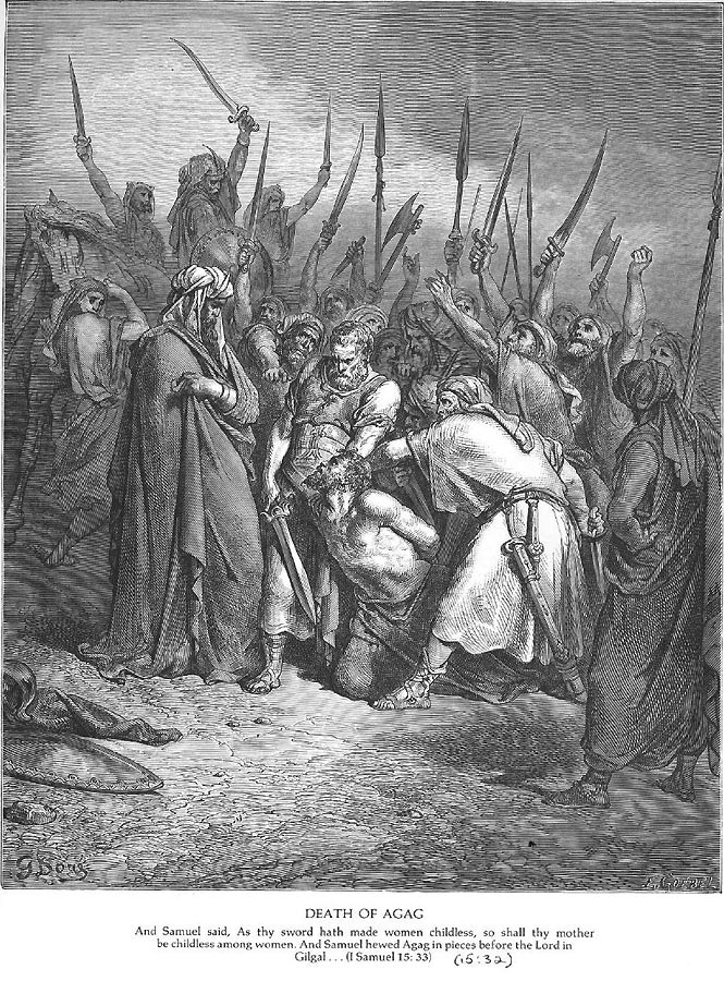 Der gefangene Amalektiter-König Agag hört kniend vor dem Propheten Samuel sein Todesurteil, die Menge des Kriegsvolks schwingt drohend Schwerter und Spieße.