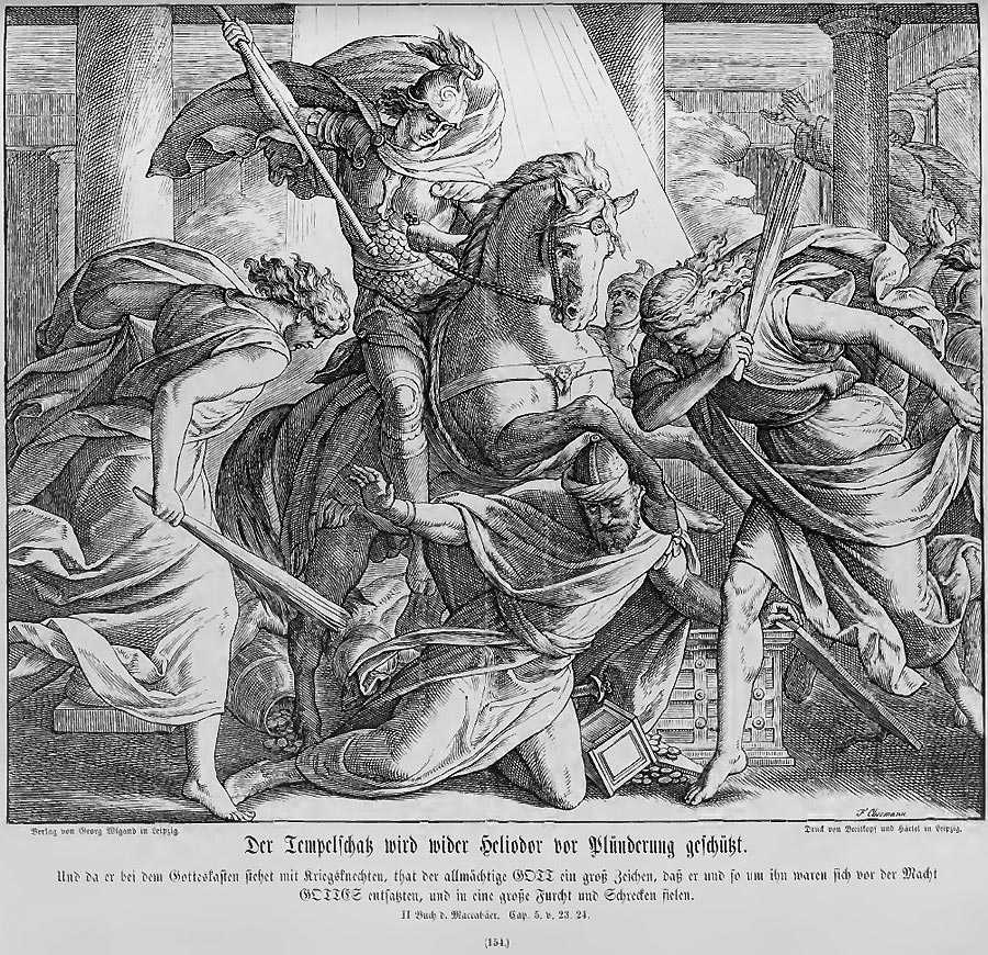 Der Plünderer Heliodor ist schon zu Boden gesunken, eine umgestützte Schatzkiste zu seinen Füßen. Die Engel des Herrn sind über ihm und schlagen ihn in die Flucht.