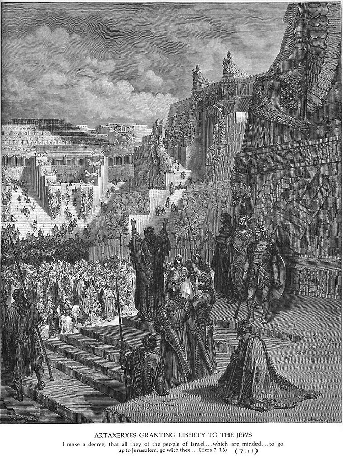 In einer imposanten Architektur-Kulisse - der Hintergrund zitiert die „hängenden Gärten“ verkündigt König Artaxerxes seinen Beschluss zur Freilassung der Juden aus Babylon. Der König steht vorne mit den Rücken zum Betrachter auf dem Absatz einer Freitreppe, darunter im Hof die Menge der Juden, die ihm zuhören.