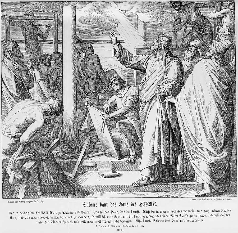 Der Holzschnitt zeigt rechts im Licht König Salomo und Gefolge, wie er den Bauleuten die Pläne erklärt. Salomo selbst wird dabei von einem Strahl göttlicher Eingebung erleuchtet - die Bauleute bleiben im Halbschatten