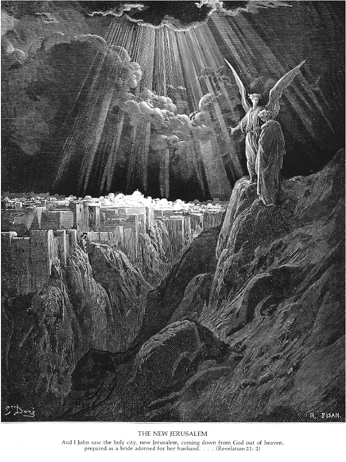 Als 'Stadt auf dem Berge' liegt das neue Jerusalem im strahlenden Gotteslicht. Im Vordergrund auf einem kahlen Felsen der Seher Johannes und der ihn führende Engel.