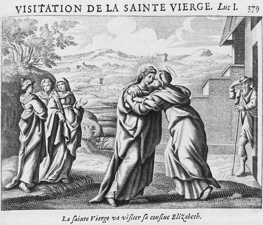 Der Stich aus L'Histoire gibt eine taditionelle Darstellung der Heimsuchung Mariä, des Besuches der schwangeren Gottesmutter bei ihrer ebenfalls schwangeren Verwandten Elisabeth. Wieso ausgerechnet dieses Bild hier präsentiert wird, erklärt der letzte Absatz des Textes.
