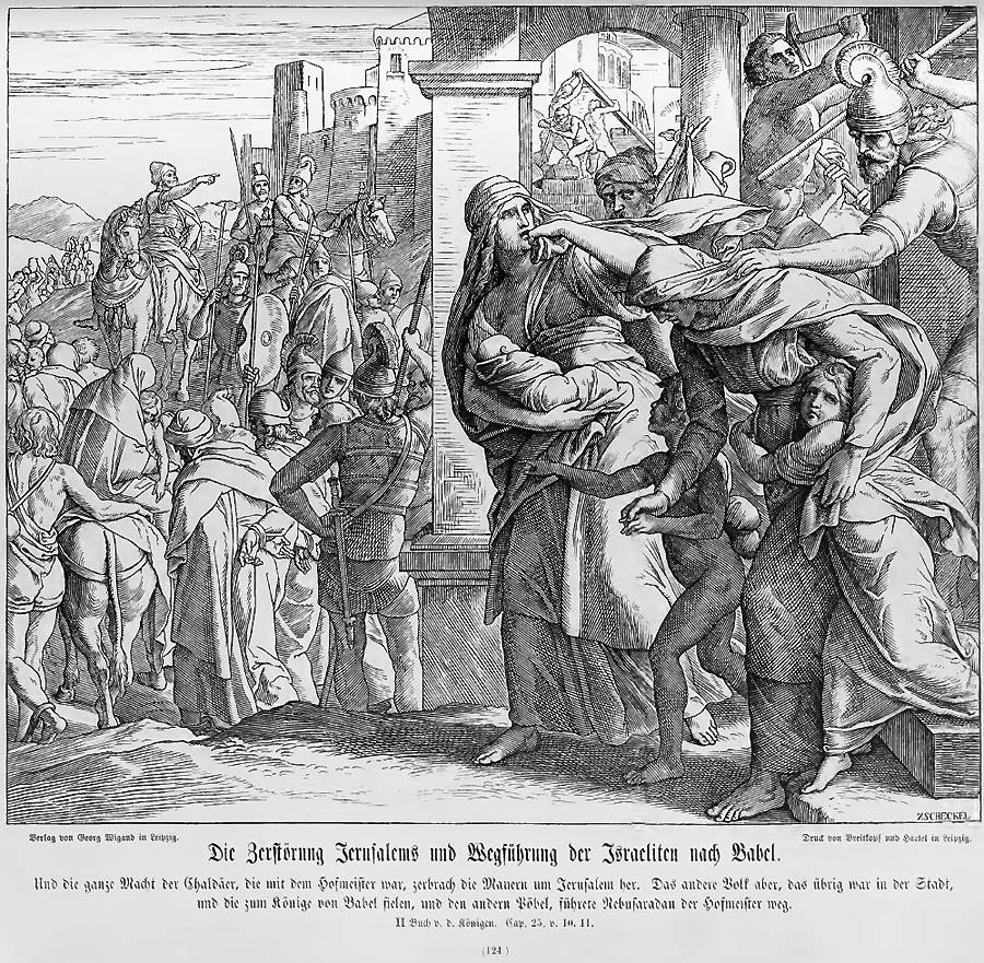 Die Bewohner Jerusalems - Alte, Frauen, Kinder - werden von Soldaten aus der Stadt geführt.