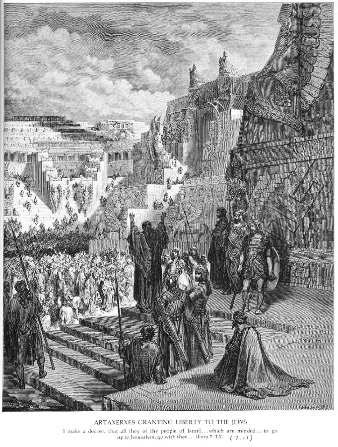 In einer imposanten Architektur-Kulisse - der Hintergrund zitiert die „hängenden Gärten“ verkündigt König Artaxerxes seinen Beschluss zur Freilassung der Juden aus Babylon. Der König steht vorne mit den Rücken zum Betrachter auf dem Absatz einer Freitreppe, die Juden weit darunter in einem Innenhof