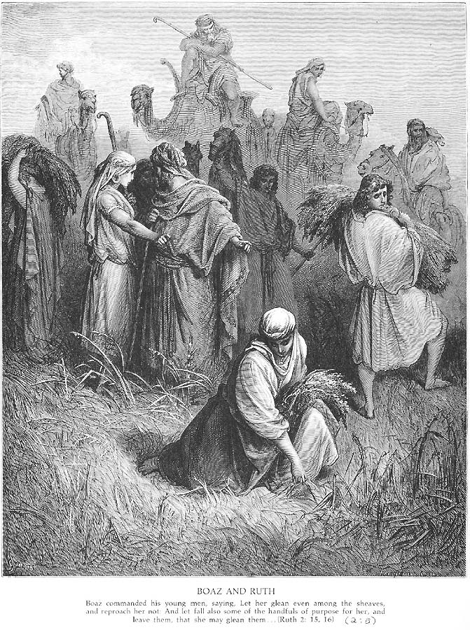 Im Vordergrund Ruth, die Tochter des Feldherrn Boaz, bei der Getreideernte. Im Mittel- und Hintergrund Boaz samt Gefolge