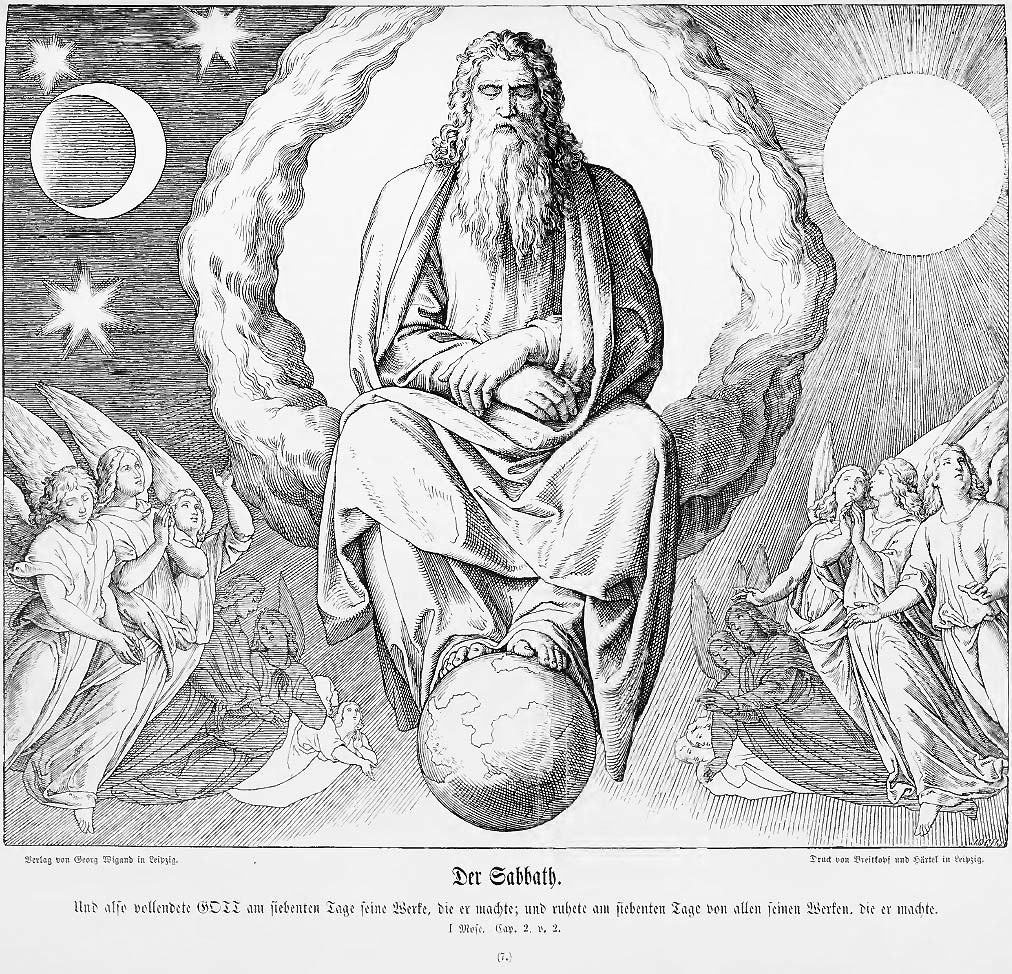 Das Bild zeigt den Weltenschöpfer  und Herrn des Weltalls, der himmlischen Scharen und der Erde in seiner Ruhe am siebten Tag.