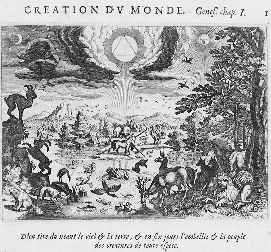 Die Gottheit - hier nur angedeutet mit dem strahlenden Dreieck der Dreifaltigkeit - thront hoch über der Schöpfung, der Erde mit ihren Bewohnern, den Sternen und dem Weltall.