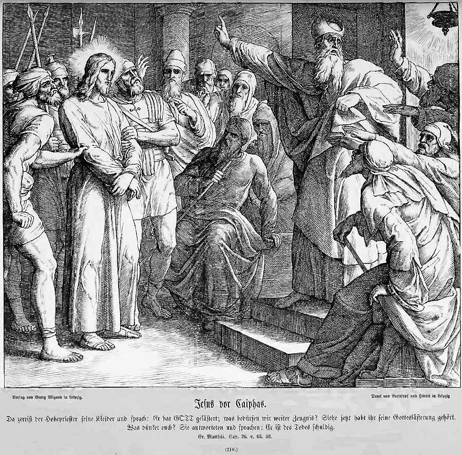 Jesus steht gefesselt und von Soldaten eingekreist vor dem Hohenpriester Kaiphas, der sich zu seinem Richter aufgeschwungen hat.
