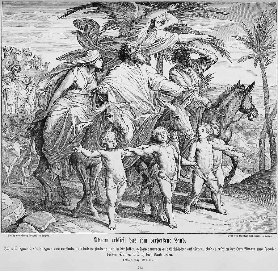 Der greise Moses, von Familienmitgliedern bdgleitet, erreicht zu Pferde die Grenze des gelobten Landes. Hinter ihm der ganze Zug mit Herden, Lastitieren und Gepäck. Voran vier nackte Knaben - sind es himmlische Genien oder menschliche Garanten der ZUkunft?