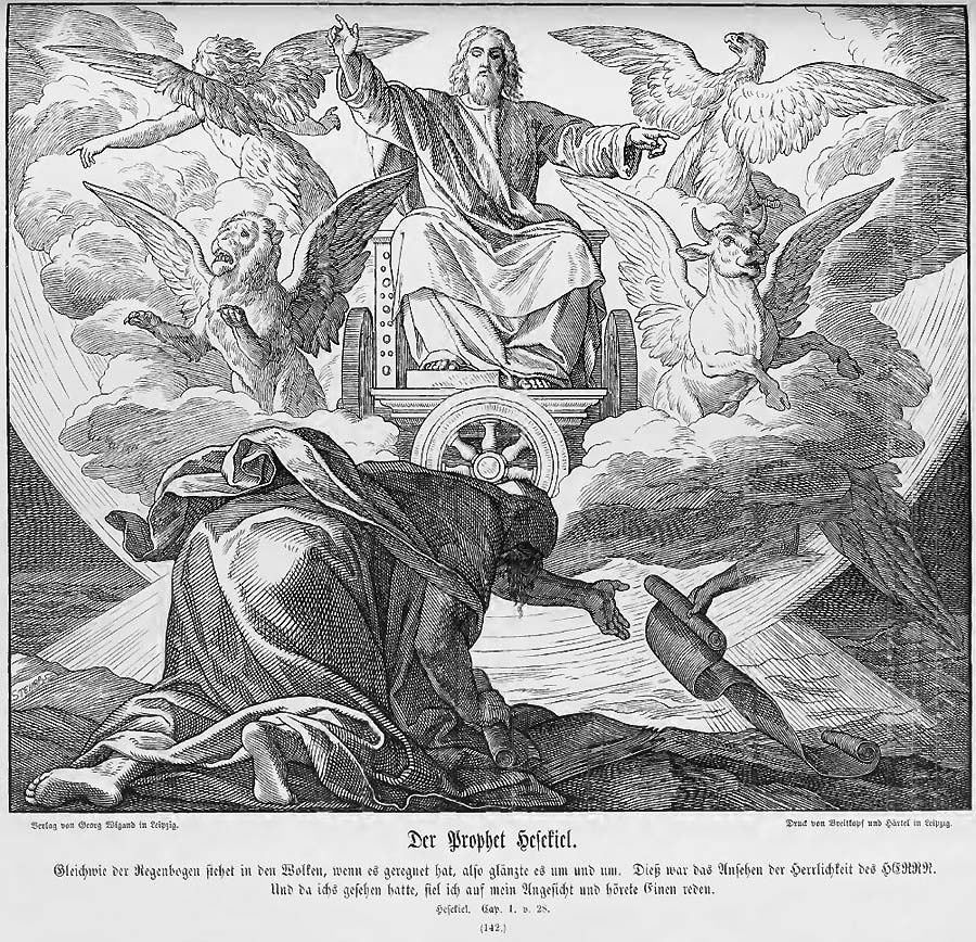 Der Herr - hier unverkennbar als Christus und nicht als „Der Uralte“ gezeichnet - sitz auf dem Thronwagen, umgeben von den Vier Lebendigen Wesen - hier nicht als Stützen des Thrones, sondern als Verkünder des Evangeliums.