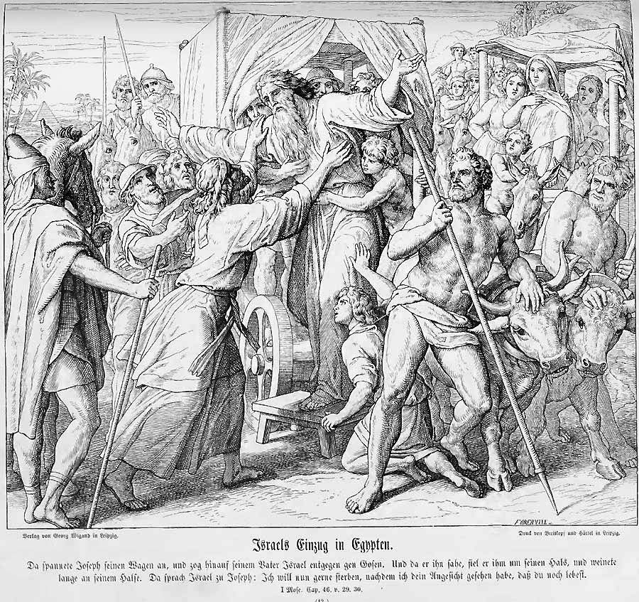 Joseph im Gewand eines ägyptischen Würdenträgers empfängt seinen Vater, der aus seinem Reisewage aussteigt. Drumherum viel Volk der Wandernden Juden, im Hintergrund die Pyramiden.