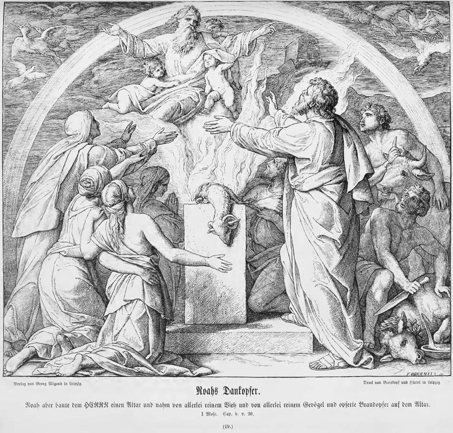 Noah, der Sintflut entronnen, bringt dem Herrn das Dankopfer dar.