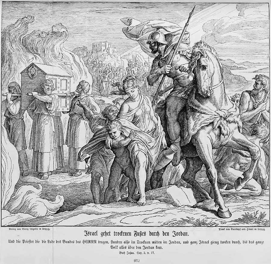 Im Vordergrund führt ein bewaffneter Reiter den Zug des Volkes über den wasserlosen Jordan an. Dahinter die Priester mit der Bundeslade und noch weiter im Hintergrund die Masse des Volkes. Mächtig auflodernde Flammen zeigen, hier geschieht Übernatürliches.