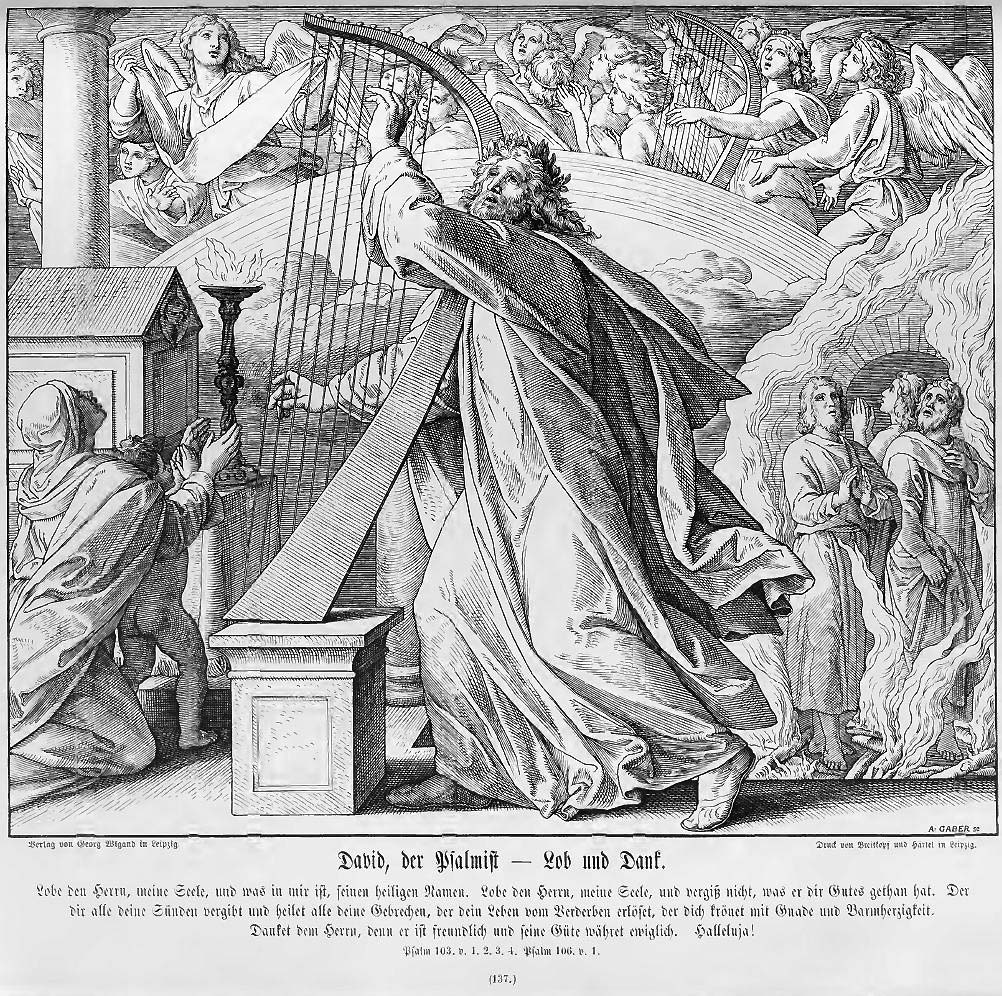 Im Vordergrund und die ganze Darstellung beherrschend der an der Harfe stehende und Gott preisende David. Im Mittelgrund rechts die drei Jünglinge im Feuerofen; links eine weibliche Gestalt – Maria vielleicht, oder das personifizierte Volk israel Darüber über die ganze Bildbreite der Himmlische Chor.