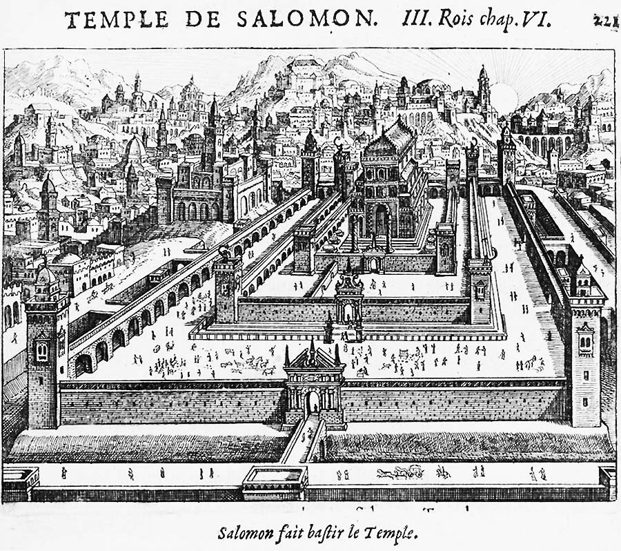 Die Darstellung zeigt den Tempel mit seinen Höfen in einer Phantasie-Architektur - die immerhin die Gründzüge der Überlieferung aufnimmt.