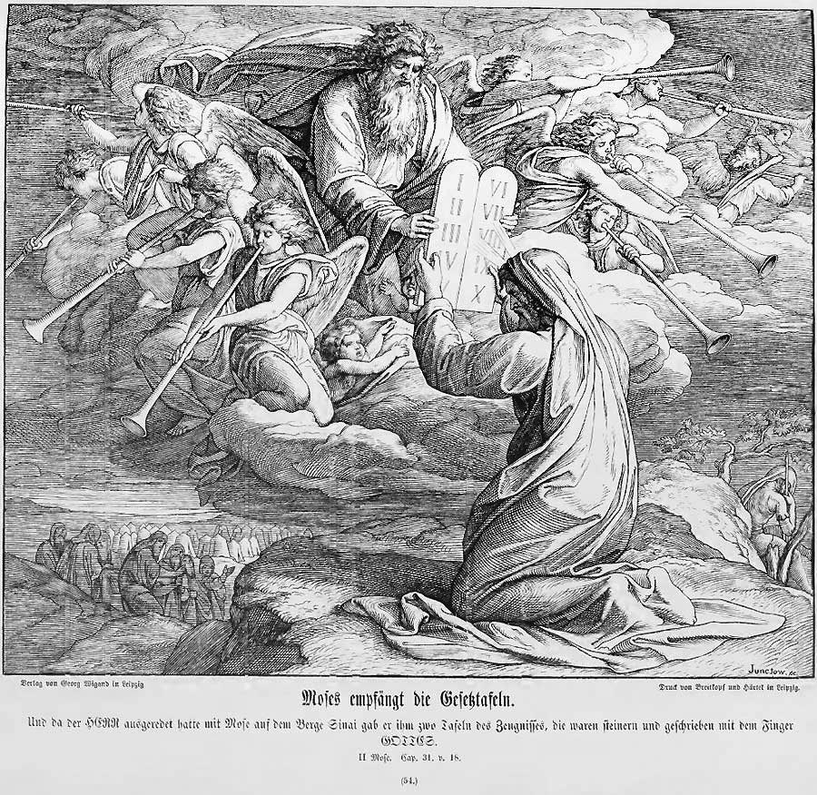 Moses kniet auf seinem Mantel auf der Spitze des Berges und empfängt vom Herrn die Gesetzestafeln. Der Herr selbst ist als „der Alte“ dargestellt und schwebt mitsamt den ihn umgebenden himmlischen Heerscharen auf einer Wolke.