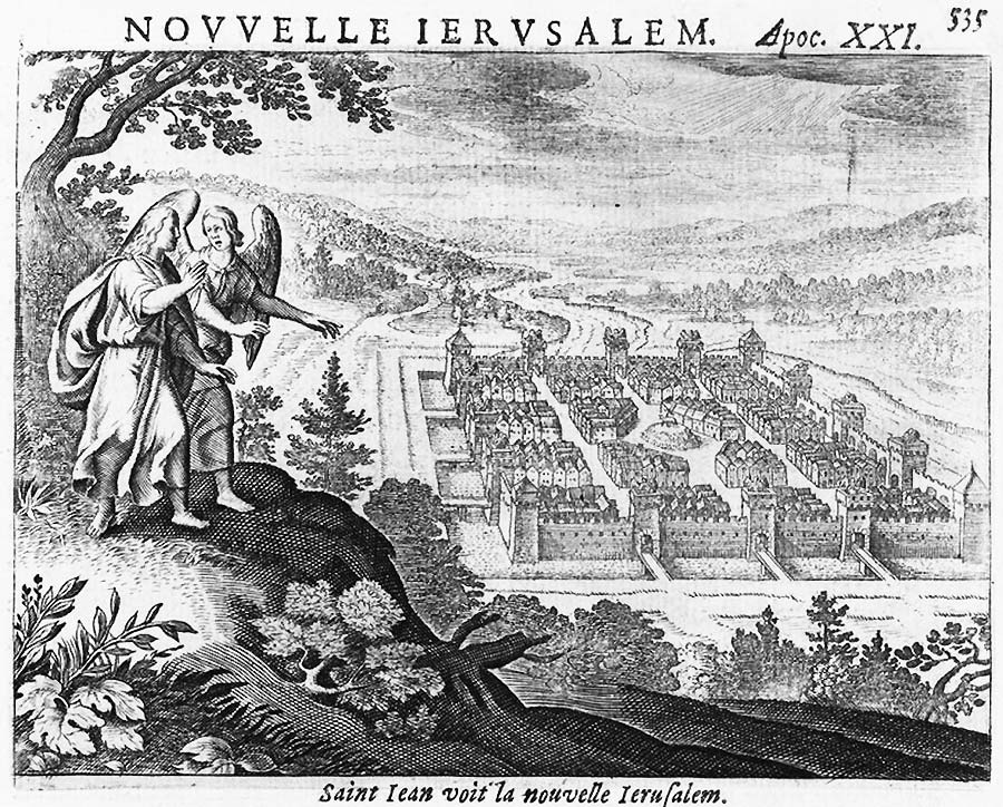 Im Vordergrund der Engel des Herrn, der dem Seher Johannes das in einem geschützten Tal liegende himmlsiche Jerusalem mit seinen 12 Tortürmen zeigt. Die Stadt hat keinen Tempel, auf einem Hügel oder kleinen Berg im Zentrum steht das Lamm mit dem Kreuzeszeichen.