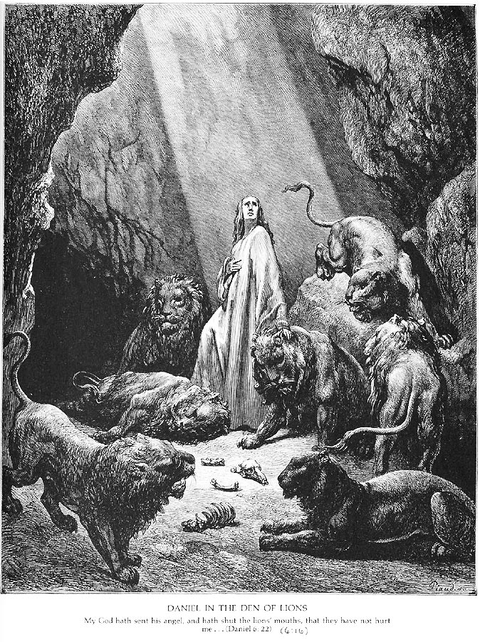 In einen Lichstrahl „von oben“ gehüllt, steht Daniel in der finsteren Löwengrube. Auf dem Boden Skeletreste von Beutetieren. Doch die Löwen verhalen sich friedlich, einer hat sich sogar dem jungen Propheten zu Füßen gelegt, ein anderer läßt sich streicheln