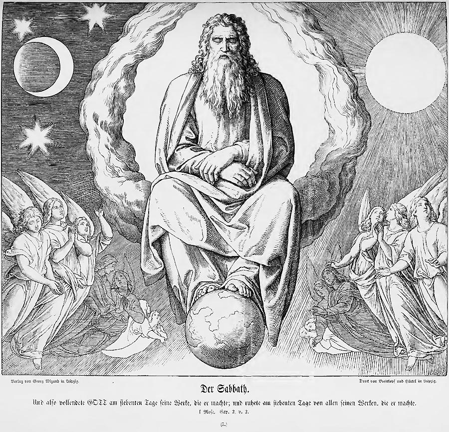„Das ist für immer der Ort meiner Ruhe.“ Der Tempel auf dem Zionsberg ist für immer der Wohnsitz Gotte, zumindest der Schemel seiner Füße, und so das Zentrum der Schöpfung und des ganzen Universums. <br>Bild: Bilderbibel Die com Künstler für die Illustration des Sabbaths geschaffene Darstellung sieht den Herrn in himmlischer Ruhe im Zentrum des belebten und unbelen Universums, das er soeben geschaffen hat.